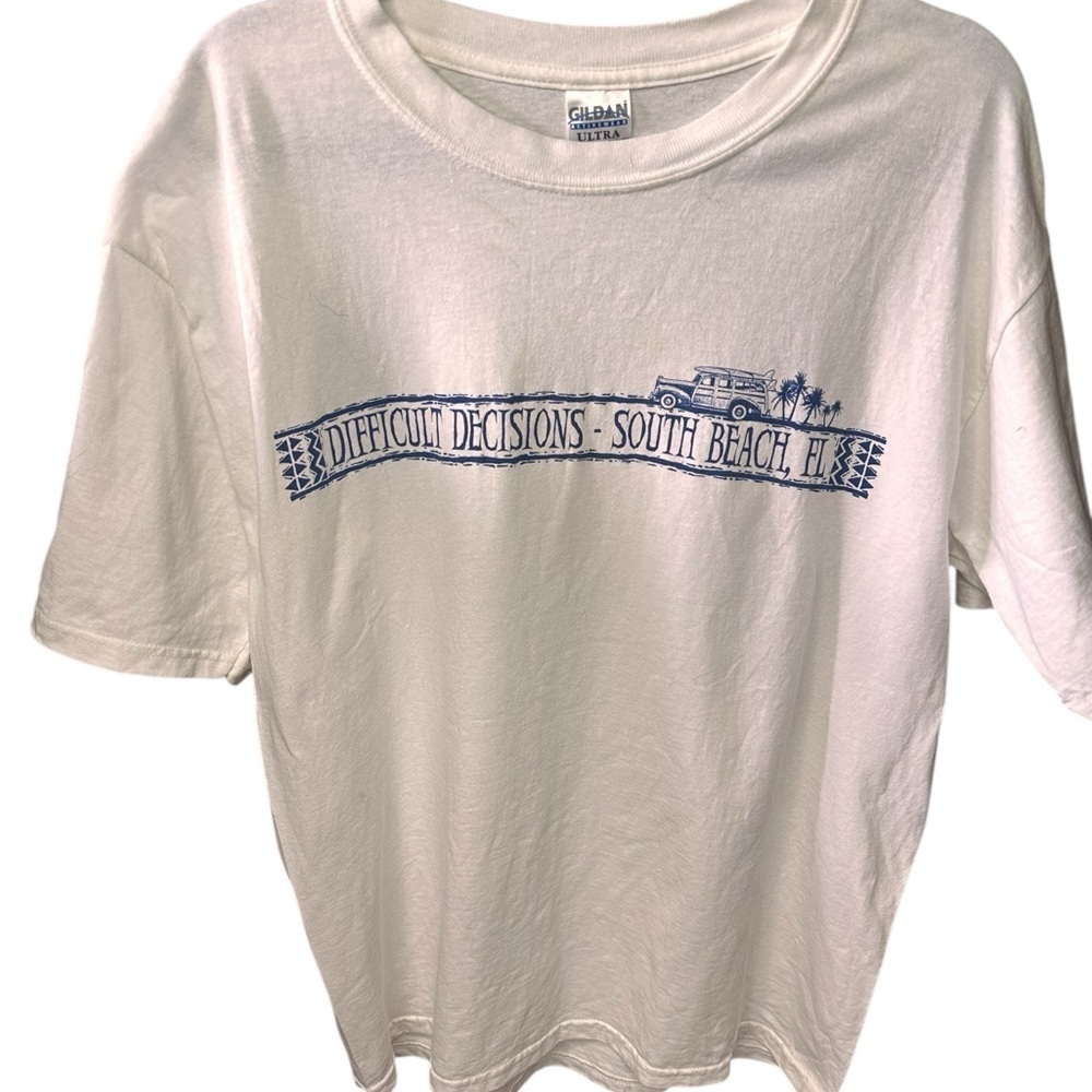 Gildan White T-Shirt Difficult Decisions-South Beach  Florida Graphic